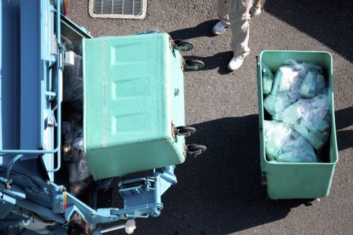 View of a skip truck in Canary Wharf street